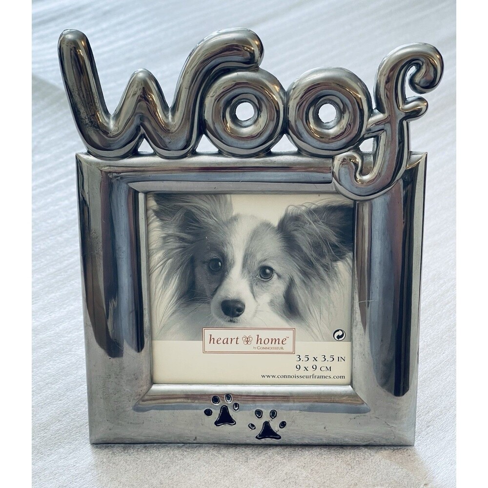 Woof Paws Dog Puppy Lovers Silver Tone Metal Heart Photo Frame 3.5"x3.5"